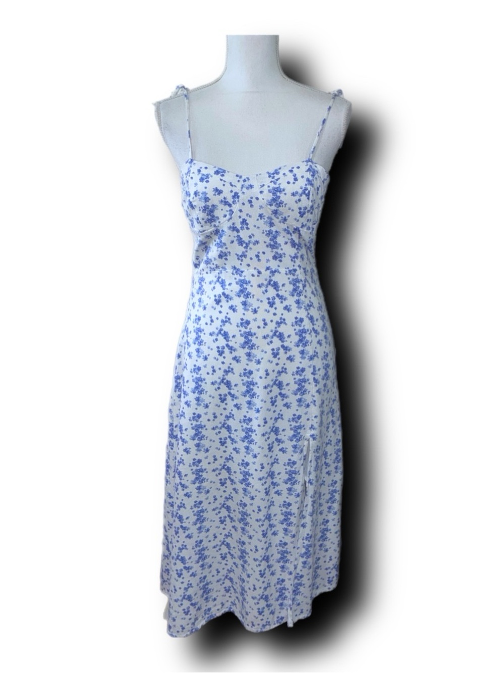 Forever 21 Linen Blend Floral Slip Style Midi Dress Tie-Shoulder Blue & White